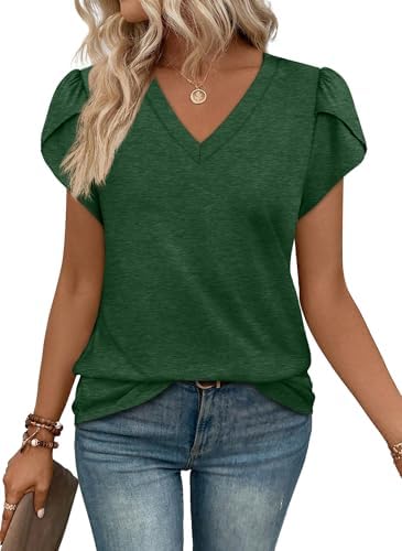 Overlap tulip sleeves and a clean V-neck give this soft green knit tee a relaxed, breezy shape.