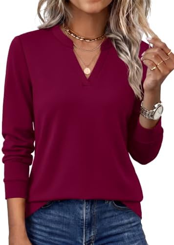 A deep purple red long sleeve top with an open V-neck and a soft, opaque stretch knit for cool-weather layering.
