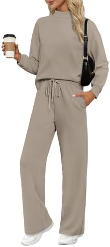 Spun in an earthy light coffee tone, this two-piece set pairs a mock neck top with drapey wide leg pants for easy travel days.