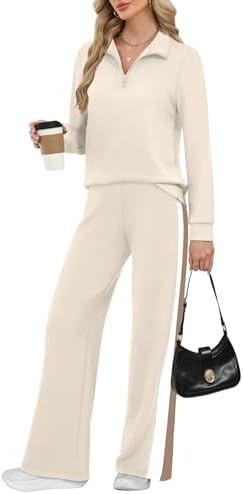 Neutral beige gives this lightweight spacer knit set a clean look with a half-zip pullover and drapey wide-leg pants.