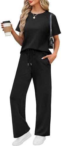 A solid black spacer-knit set pairs a crew neck tee with wide-leg pants for easy travel days and cool summer evenings.