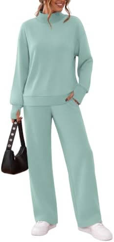 A cool blue green two-piece set pairs a mock neck thumb-hole top with relaxed wide-leg drawstring lounge pants.
