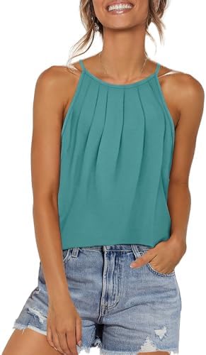 Fine spaghetti straps meet a gathered halter neck in a deep blue green shade that pairs with dark denim or crisp white linen.