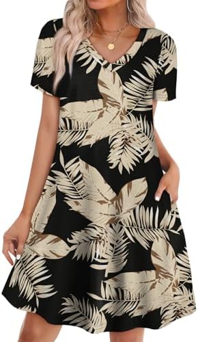 Lush green palm fronds across this soft knit t-shirt dress make warm weather packing simple and bright.