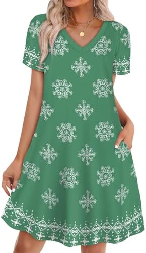 Crisp green snowflake print brightens this soft V-neck tshirt dress, cut in an easy A-line shape with deep side pockets.
