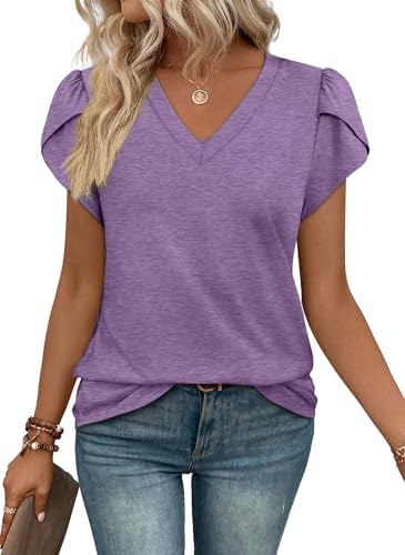 A soft lavender tee with overlapping tulip sleeves and an easy V-neck cut that drapes gently over jeans or shorts.