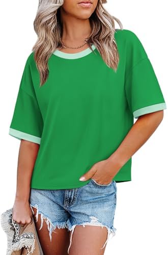 Bright green color-block trim pops along the neckline and hem of this roomy half-sleeve cotton tee.