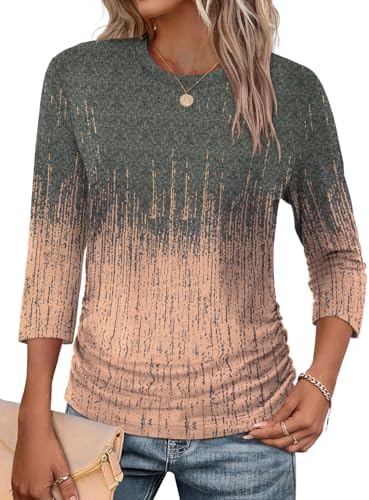 Swirled coral tie dye brightens this three-quarter sleeve top, tailored with side ruching and an easy curved hem.
