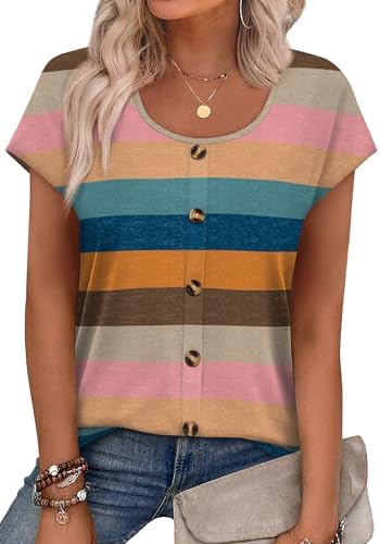 A multistriped knit top cut with a gentle scoop neckline, neat cap sleeves, and sewn front buttons that lie flat.