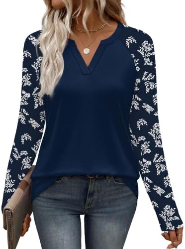 Crisp blue floral patterns meet solid raglan sleeves on this easy long sleeve shirt cut from a soft, stretchy knit blend.