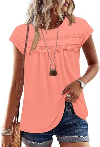 Delicate crochet trim and a breezy peplum shape bring extra detail to this warm coral cap-sleeve top.