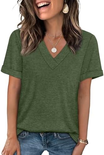 A soft army green jersey tee with rolled cuffs and a neat V-neck, ready for warm days out or lounging at home.
