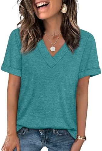 A vivid turquoise tee cut with rolled cuffs and a neat V-neckline in our soft, breathable summer knit.