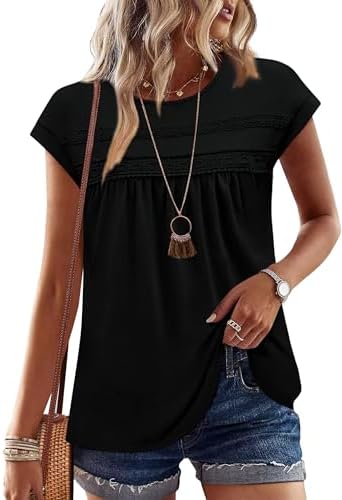 Delicate crochet lace and a flared peplum give this solid black crewneck top a clean, dressed-up feel for warm weather.