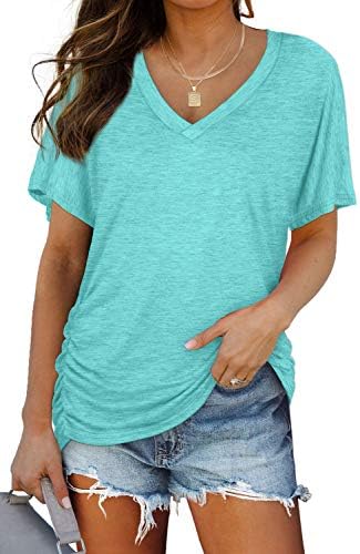 A cool aqua short sleeve tee cut with dolman seams and side shirring for easy summer days by the water.