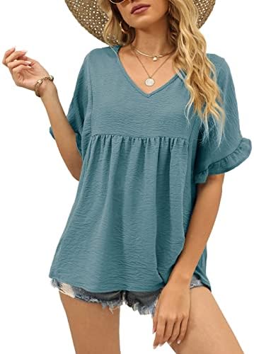 A loose blue babydoll top cut with airy ruffle sleeves and a clean V neckline for warm days.