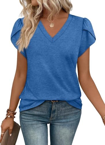 A cool blue knit tee cut with overlapping tulip sleeves and an open V neckline that catches the summer breeze.