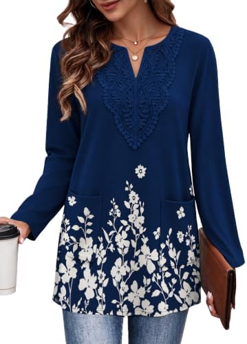 A vivid botanical print covers this long-sleeve knit tunic, styled with delicate lace detailing and practical side pockets.