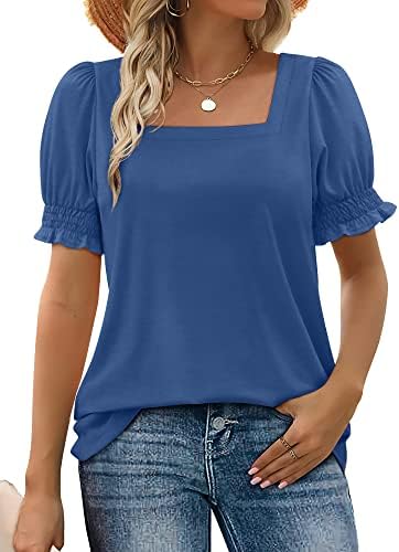 A deep dark blue tunic cut with an open square neck, elastic ruffle sleeves, and extra length through the hem.