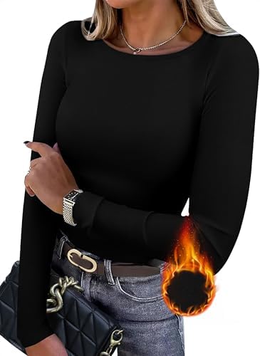 A deep black crewneck top knit with lightweight fleece backing gives you a smooth base layer for crisp mornings and late evenings.