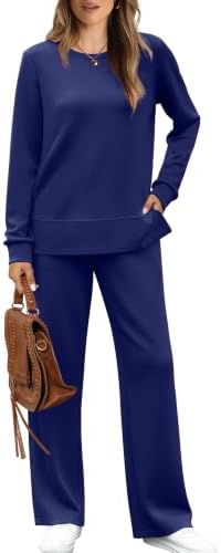 A relaxed long sleeve top with side slits pairs with wide leg drawstring pants for easy travel and downtime.