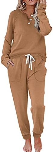 Soft thermal fleece in warm camel brings cozy texture to this two-piece henley top and drawstring pants lounge set.