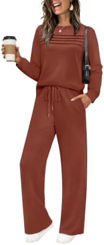 Crafted in warm caramel, this two-piece set pairs a pleated crewneck top with relaxed wide-leg lounge pants.