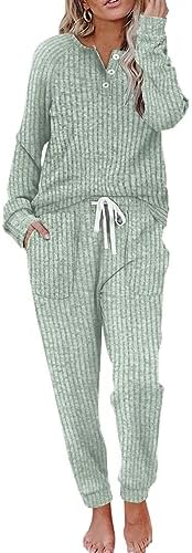 Soft ribbed knit in pale sage green pairs a button-front long sleeve top with high-waisted drawstring lounge pants.
