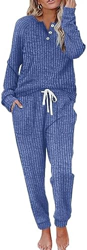 Cool blue knit pairs a button-front long sleeve top with relaxed drawstring pants for easy mornings and quiet travel days.