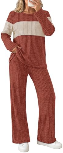 Rich caramel pairs with soft apricot accents across this relaxed two-piece knit set, finished with practical side pockets.