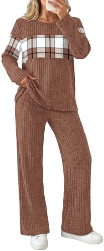 Warm brown knit pairs with relaxed plaid pants in a soft two-piece set designed for cool indoor air and travel days.