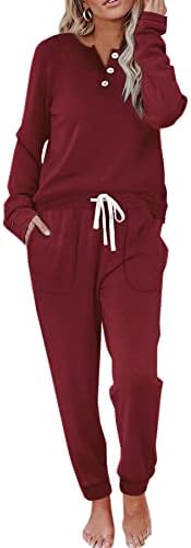 Deep burgundy red warms up this long-sleeve henley top and coordinating high-waist sweatpants cut from soft thermal fleece.