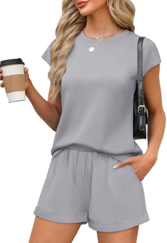 Heather grey knit pairs with short cap sleeves and pocketed pull-on shorts for relaxed days around the house or travel.