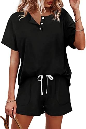 Cut in deep black jersey, this two-piece set pairs a button-front henley top with roomy drawstring shorts.