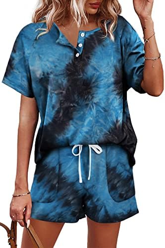 Swirling blue tie dye covers this lightweight two-piece lounge set, cut with a buttoned henley neck and drawstring pocket shorts.