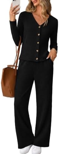 Jet black ribbed knit shapes this coordinated duo featuring a buttoned V-neck cardigan and high-waist flared pants.