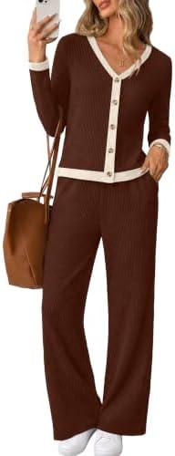 Ribbed knit fabric gives this button-front cardigan and high-waist flare pant set a soft drape with plenty of stretch.
