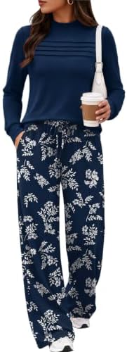 Dainty blue blooms cover the wide-leg pants of this two-piece set, matched with a solid long-sleeve mock neck top.