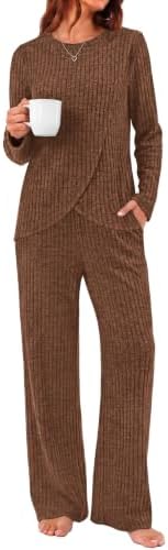 A rich caramel hue lends warmth to this soft two-piece knit lounge set, finished with an asymmetrical color contrast and curved hem.