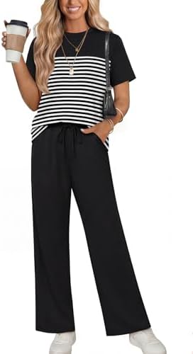 Crisp side stripes run down the relaxed wide-leg pants of this soft two-piece lounge set, keeping the look sporty and clean.