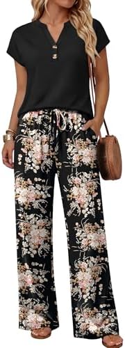 Tiny blush blooms on a dark ground pair with a solid tee in this travel-ready two-piece pant set.