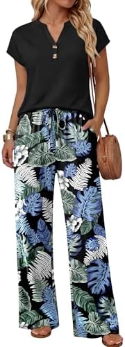 A deep blue and black floral print grounds these breezy wide-leg pants, paired with a solid V-neck tee.