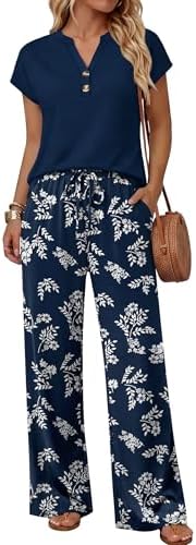 A crisp blue floral print covers these wide-leg pants, paired with a solid short-sleeve top for long flights and sunny decks.