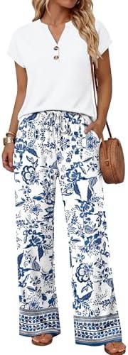 Intricate blue boho motifs pattern these breezy wide-leg trousers, paired with a solid short-sleeve V-neck tee.