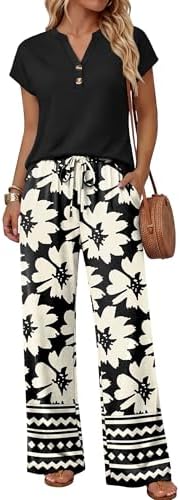 A soft short-sleeve top pairs with wide-leg floral pants, giving you an easy two-piece outfit for travel days and warm evenings.