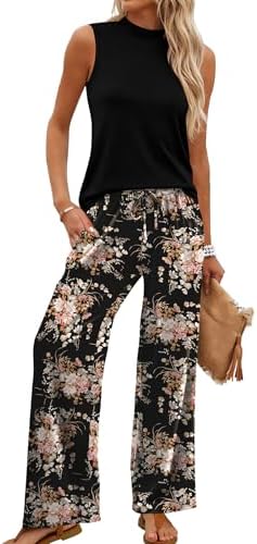 Tiny blush florals scatter across deep black in this two-piece set, pairing a mock neck sleeveless top with wide-leg pants.