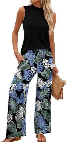 A sleeveless mock neck top meets wide-leg trousers in an ink-blue and black floral pattern for warm travel days.