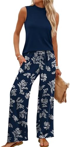 A crisp blue floral print covers these wide-leg pants, paired with a soft sleeveless mock neck top for easy packing.