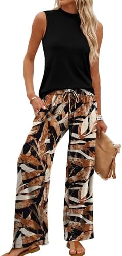 Lush botanicals pattern these flowing wide-leg pants, paired with a solid cropped mock neck top for easy packing on warm getaways.