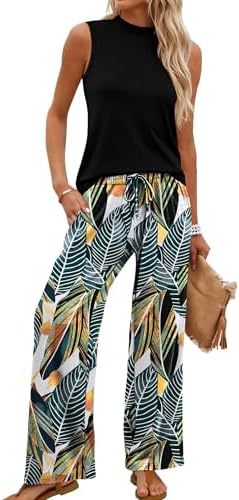 Lush green palm fronds pattern these wide-leg lounge pants, paired with a solid sleeveless mock neck cropped top for warm getaways.